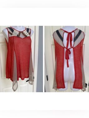 RYU Anthropologie Open Back Tank Top Aztec Embroidered Sheer Boho Sleeveless S